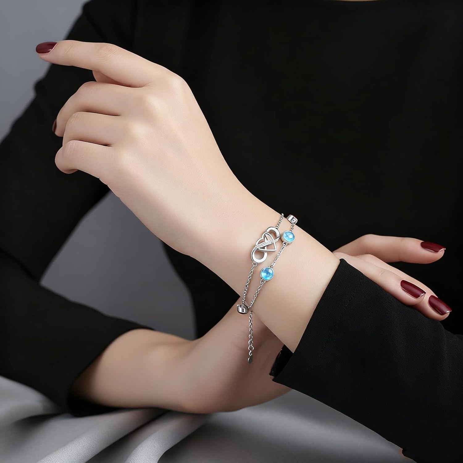 Prismata Infinity Birthstone Charm Link Bracelet 925 Sterling Silver Adjustable 12 Months Birthstone Infinity Bracelet Birthday Jewelry Gifts for Women Mom Her,with 7"+2" chain - Image 3