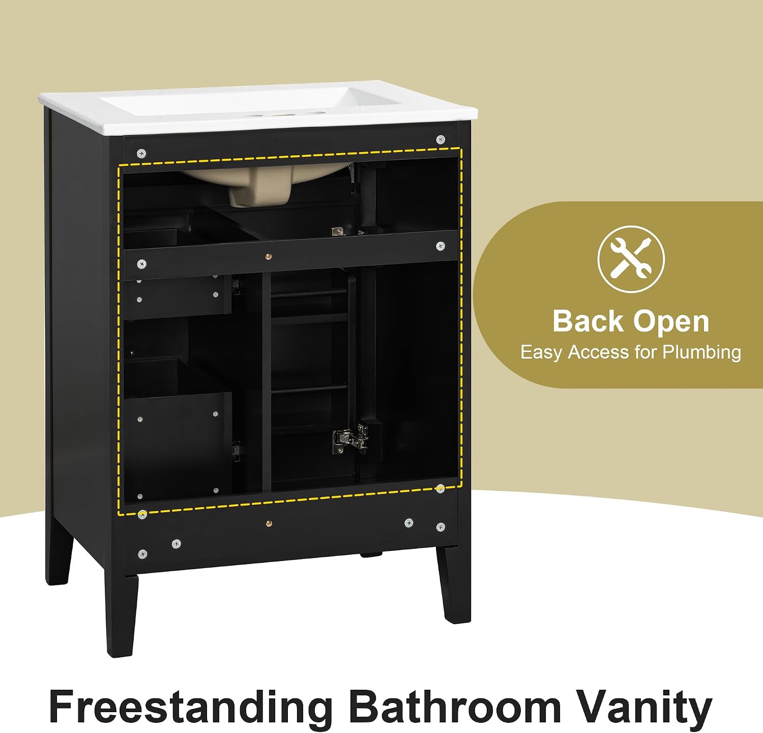 24 Inch Bathroom Vanities with Undermount Ceramic Sink, Tip-Over Drawer and Side Drawers, Soft Closing Door with Shelf, Solid Wood Frame, Black