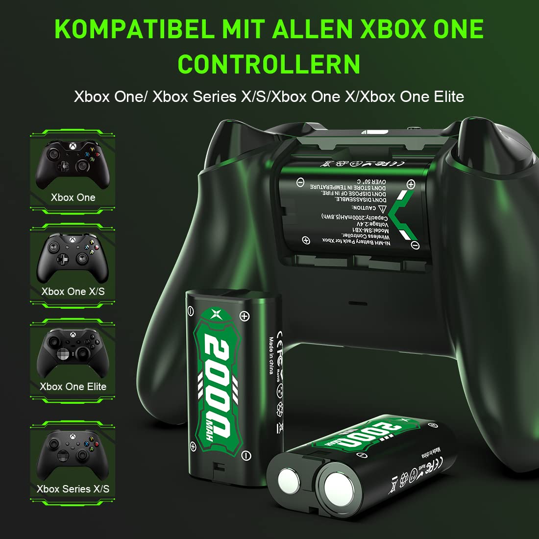 Lot de 4 batteries rechargeables 2000 mAh avec chargeur pour Xbox One S/Xbox One X/Xbox One Elite sans fil, protection intelligente durable