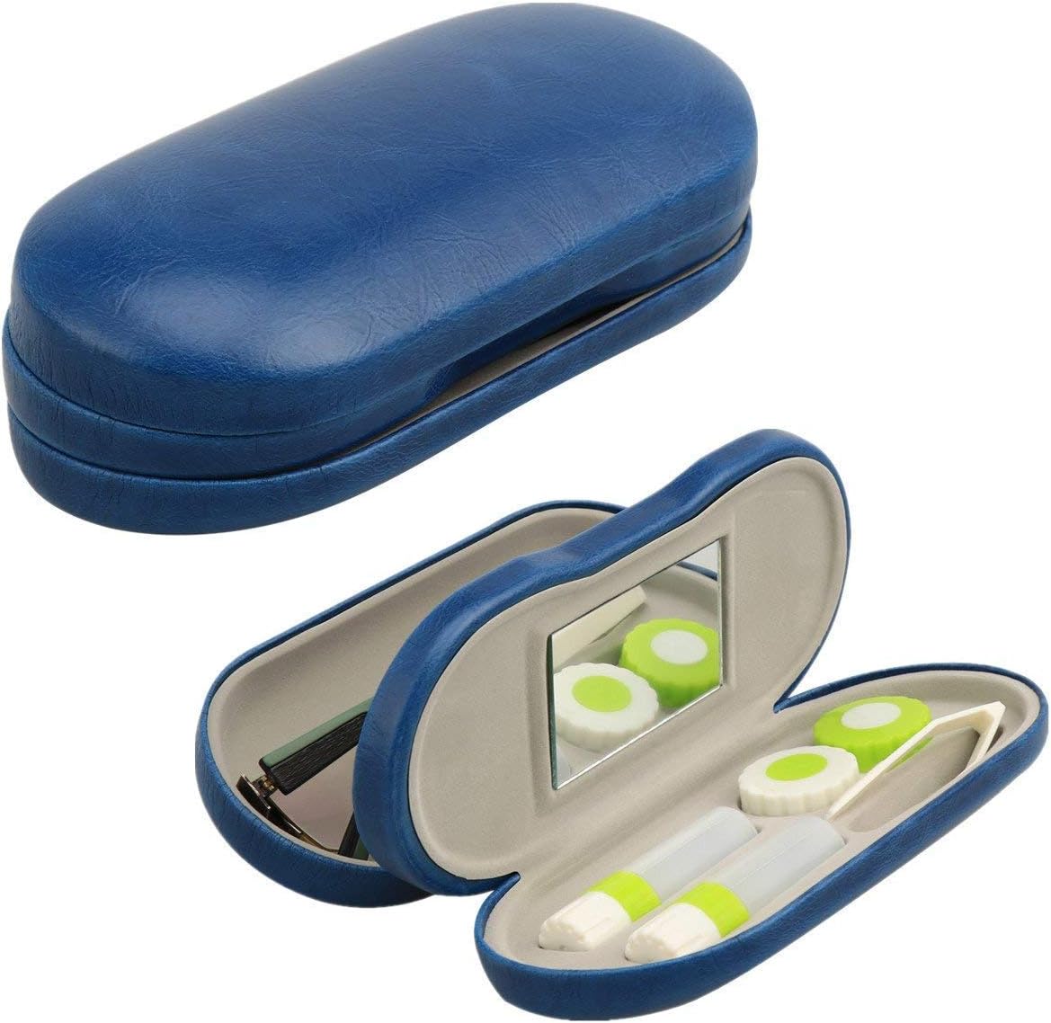 Candy House Dual Glasses and Contact Lens Case Kit - Double Sided 2 in 1 Portable Case with Mirror, Tweezers and Applicator Included (Blue) : Health & Household