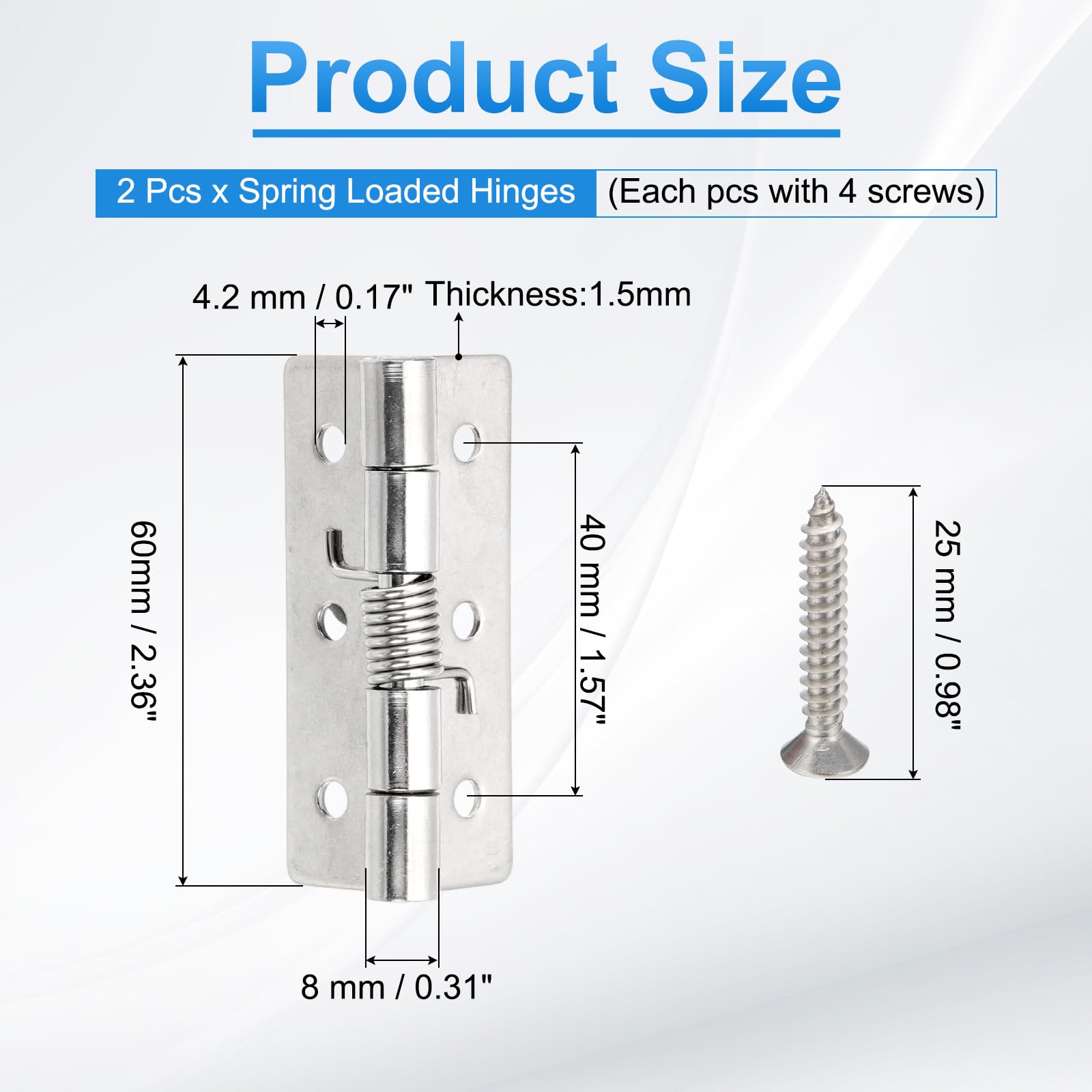 PATIKIL 2 Pcs Spring Loaded Hinges, 2.5" 304 Stainless Steel Self Closing Small Door Hinges with Screws for Cabinet Door - Image 2