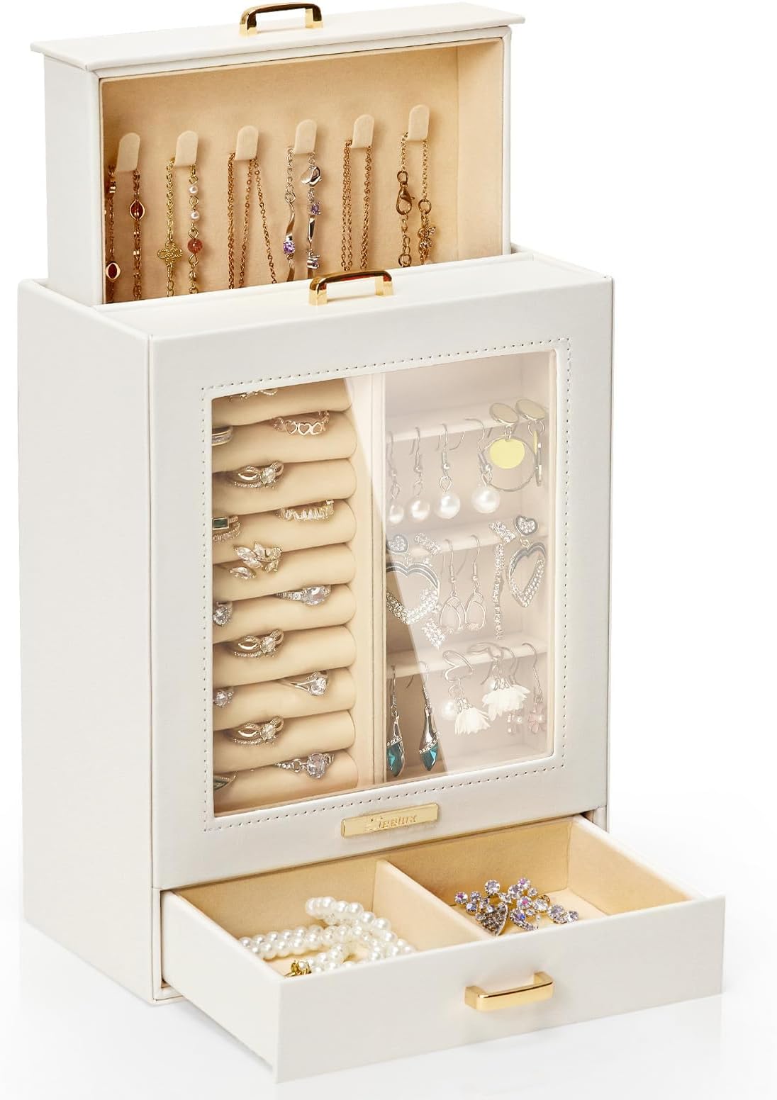 YorbayYorbay Seelux Jewellery Box with 3 Drawers and Glass Window - For Necklaces, Rings, Bracelets, Earrings (White + Gold)