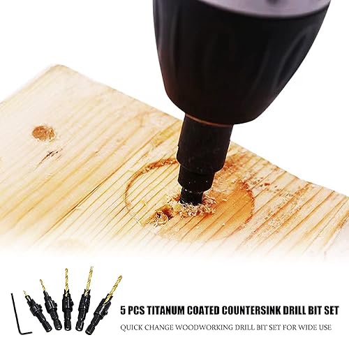 Miniatura 5 de Juego de 5 brocas avellanadas con revestimiento de titanio para trabajar en madera, vástago hexagonal de 14 pulgadas, 5 tamaños