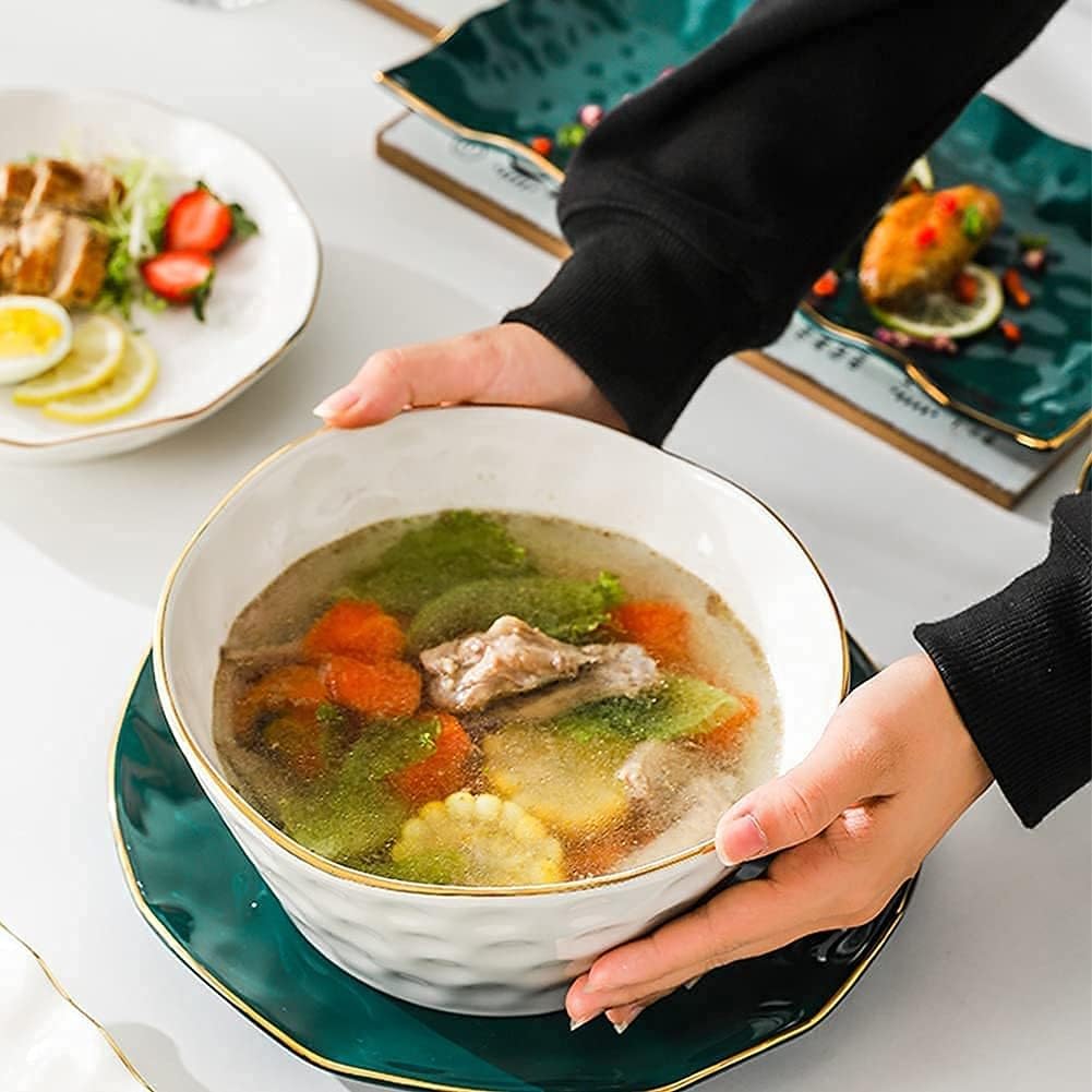 Zestaw zastawy stołowej z talerzami， miskami i talerzami， zielono-biały ceramiczny zestaw obiadowy ze złotem na imprezę lub wesele， 46-częściowy zestaw，