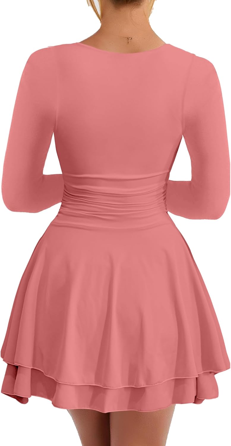 Kaximil Women's Crew Neck Long Sleeve Corset Mini Dress Ruffle Hem Short Party Club Dresses - Image 2
