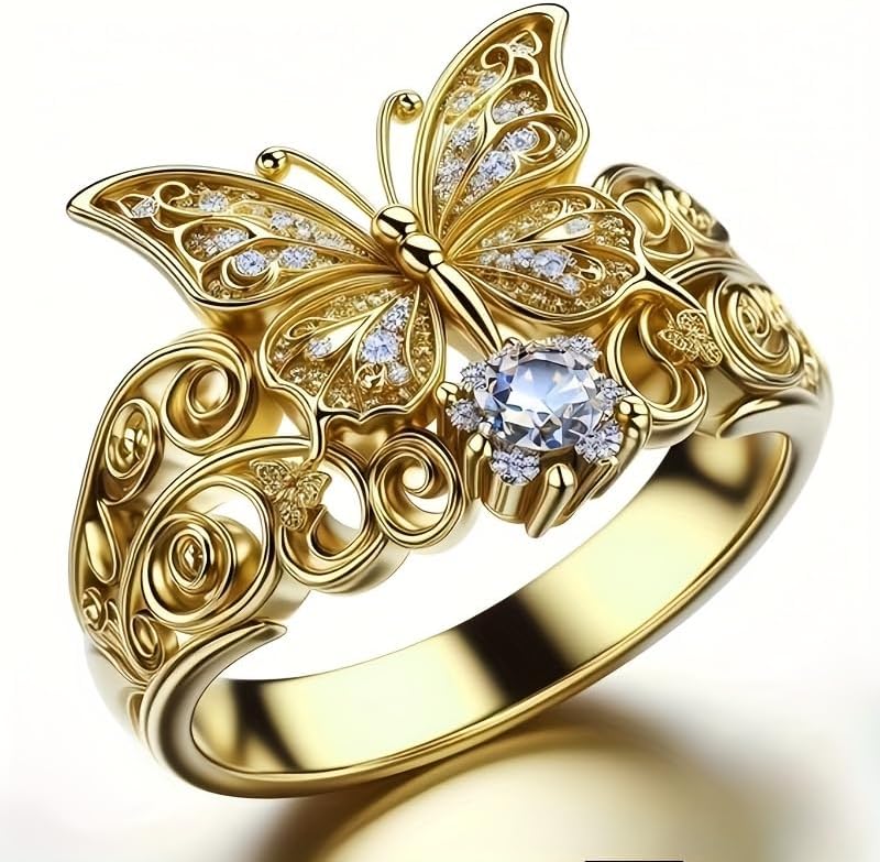 Retro and Elegant Butterfly Pattern Ring Set with Shiny Synthetic Zircon. It Is A Light Luxury Retro Flower Ring, A Beautiful Piece of Jewelry for Women's Daily Vacations, A Birthday Gift