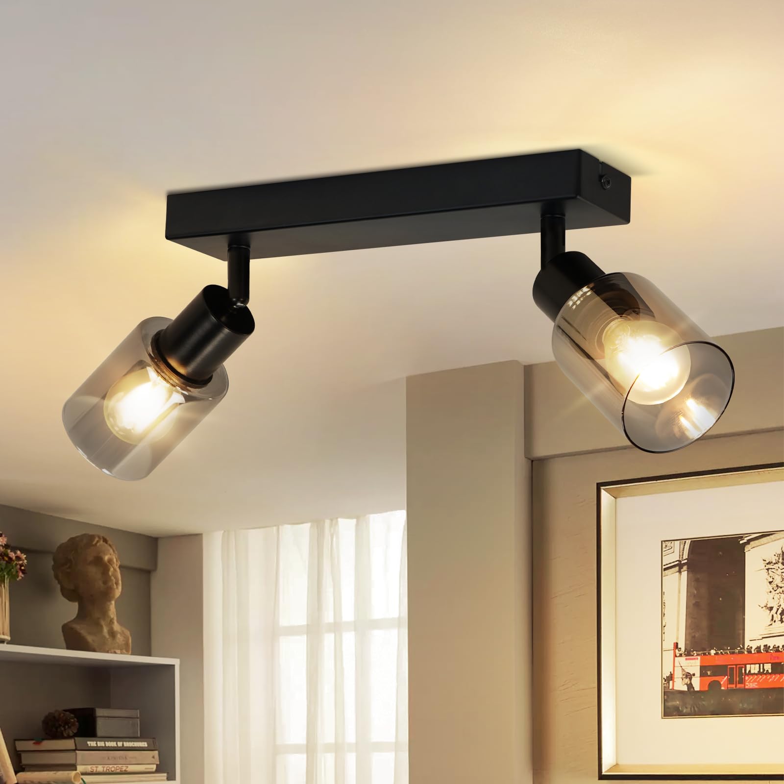 Kowanie Deckenstrahler 2 flammig Vintage: Deckenleuchte Flur E14 Deckenlampe Industrial aus Metall und Glas Flurlampe schwenkbar 350° Strahler Deckenspots Wandstrahler für Küche - Ohne Leuchtmittel