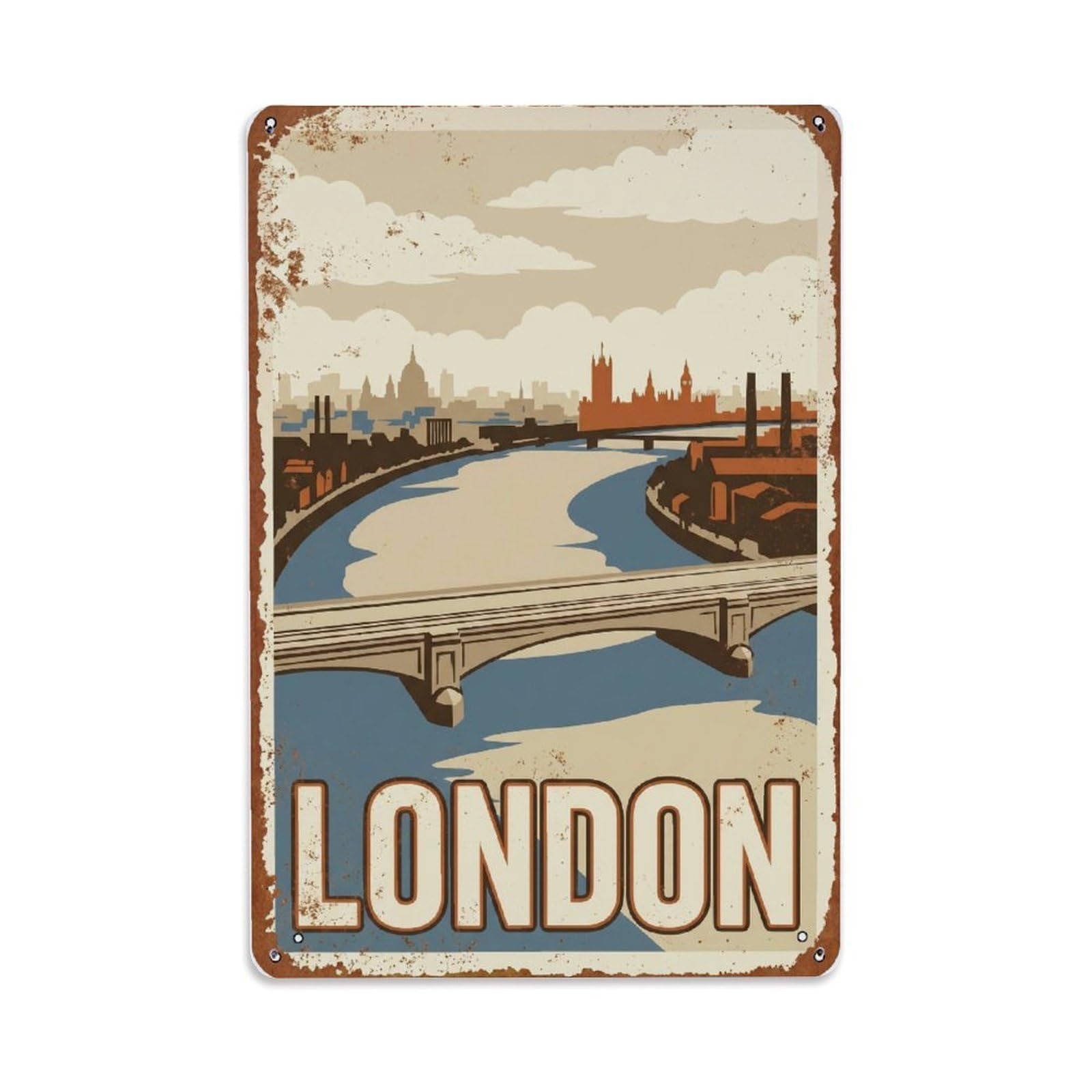 Vintage Travel London Waterloo Bridge Thames Views Rusted England Metal Tin Sign Plaque Wall Decor for Cafe, Club Bar, Office, Home Garden Metal Poster 8x12Inch