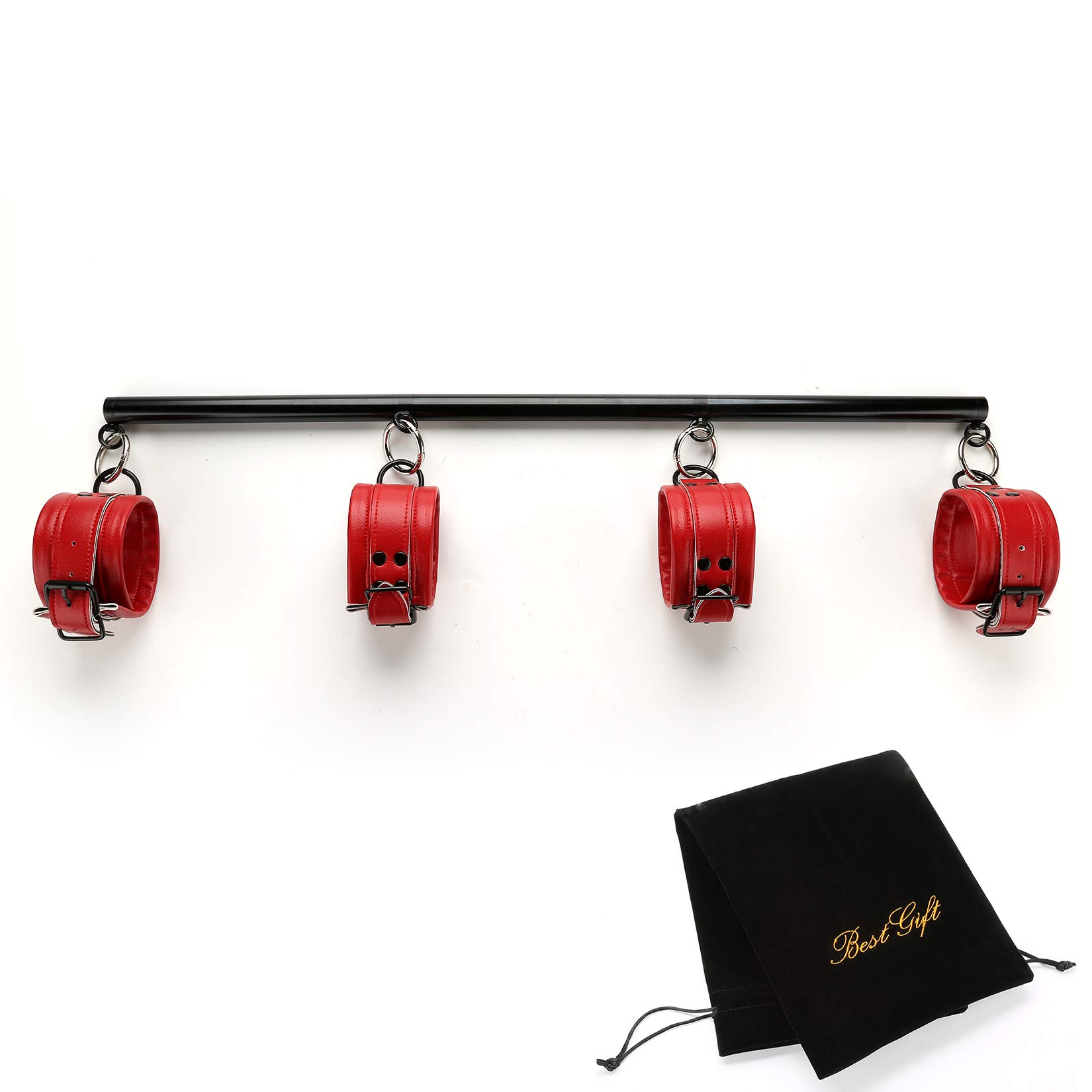 EXREIZSTAdjustable 3 in 1 Pilates Spreader Bar Set with 4 Soft Leather Straps Set Expandable Sports Aid Training Fitness Kit, Black and Red