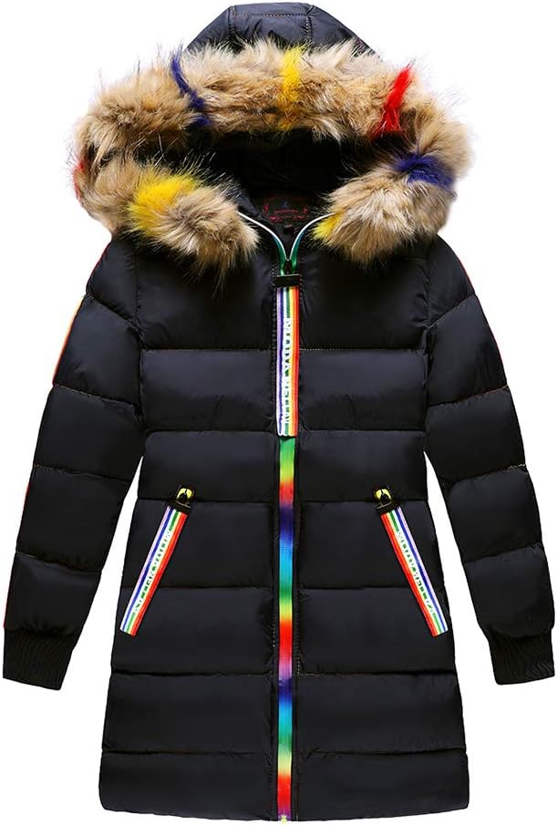 Girls Winter Coat, Down Parka Puffer Jacket for Big Girl Padded Outwear with Fur Hood