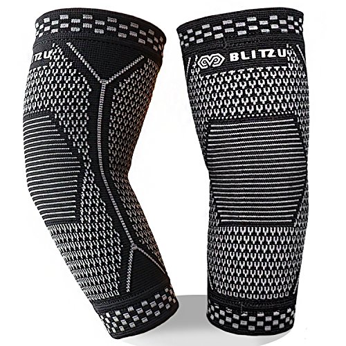BLITZU Elbow Brace (1 Pair) for Men & Women - Compression Sleeves Support for Tendonitis, Tennis Elbow, Golf Elbow, Arthritis Treatment, Gym Workout, Weightlifting, Pain Relief, & Recovery BLACK L
