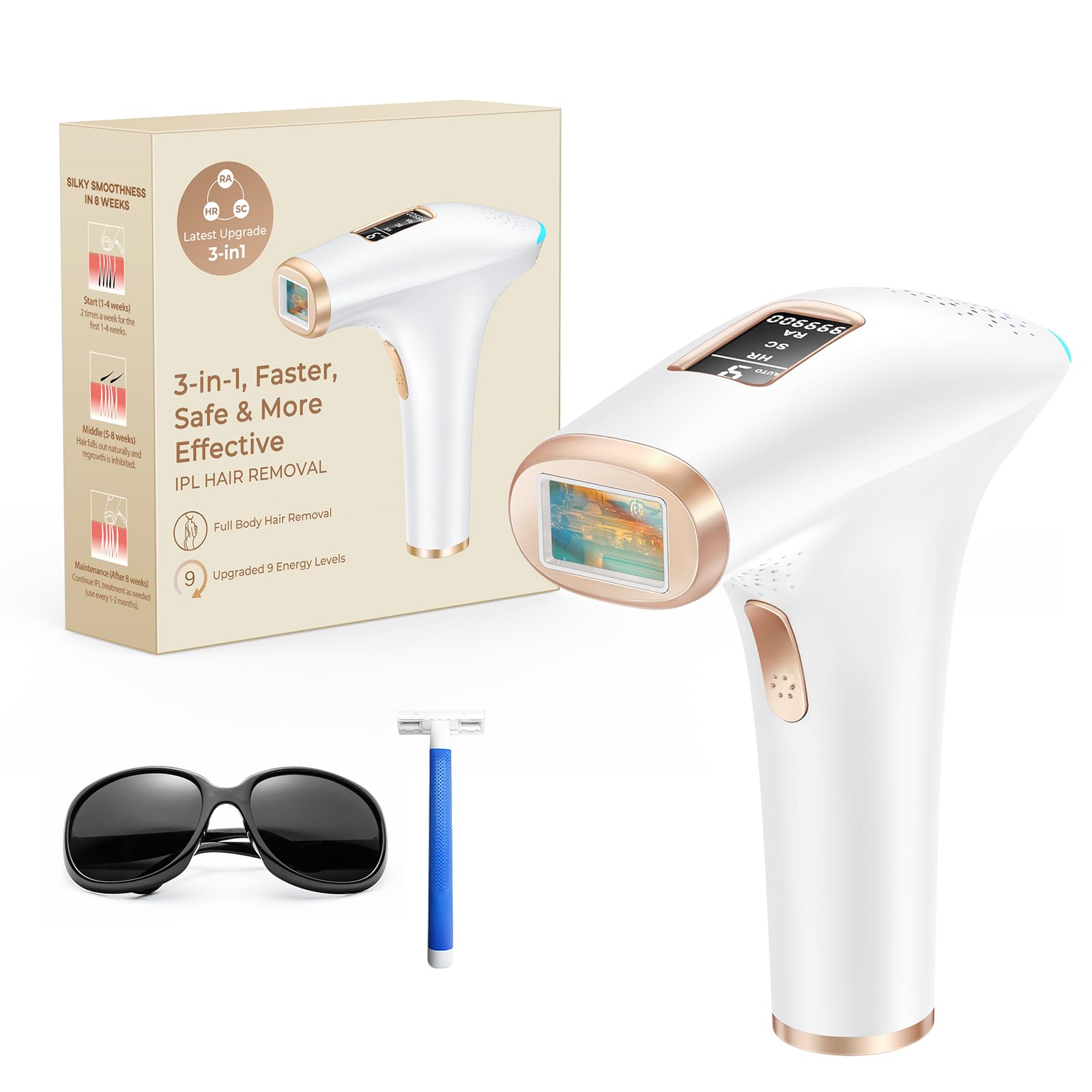 IPL Epilatore Luce Pulsata con 9 Livelli di Energia & 3 Funzioni HR/SC/RA, 999.999 Impulsi di Luce Laser per Uomini, Donne, Viso, Ascelle, Gambe, Corpo