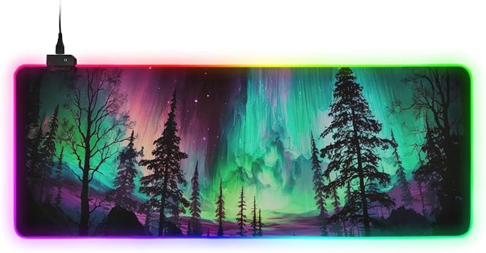 RGB Gaming Mouse Pad, Large Gaming Desk Mat Aurora Forest with Multiple Light Modes Anti Slip Rubber Base for Gamer 2 Size