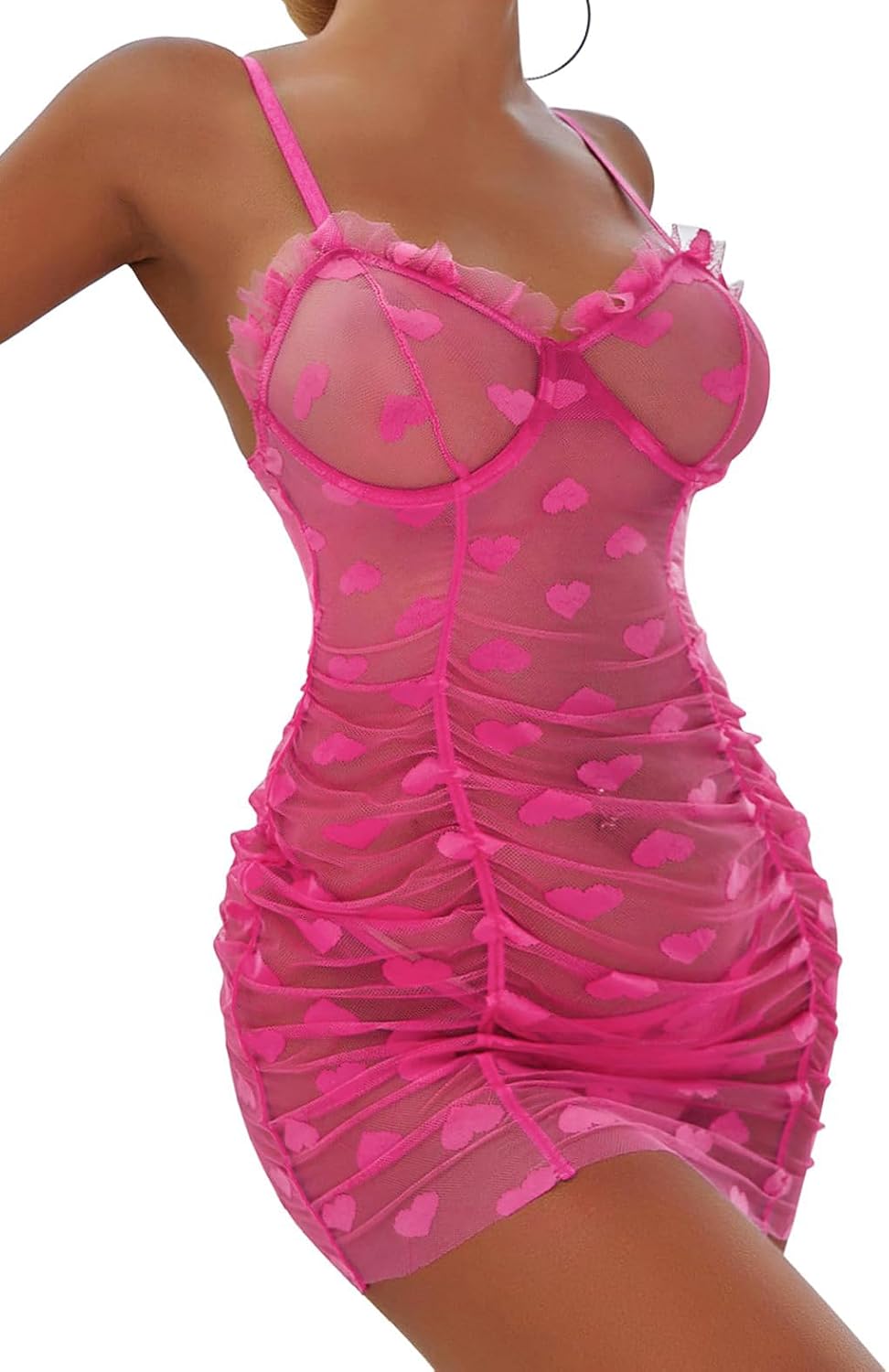 Lilosy Sexy Sheer Heart Mesh Underwire Ruched Ruffle Babydoll Club Cami Strap Lingerie Set with Thong - Image 3