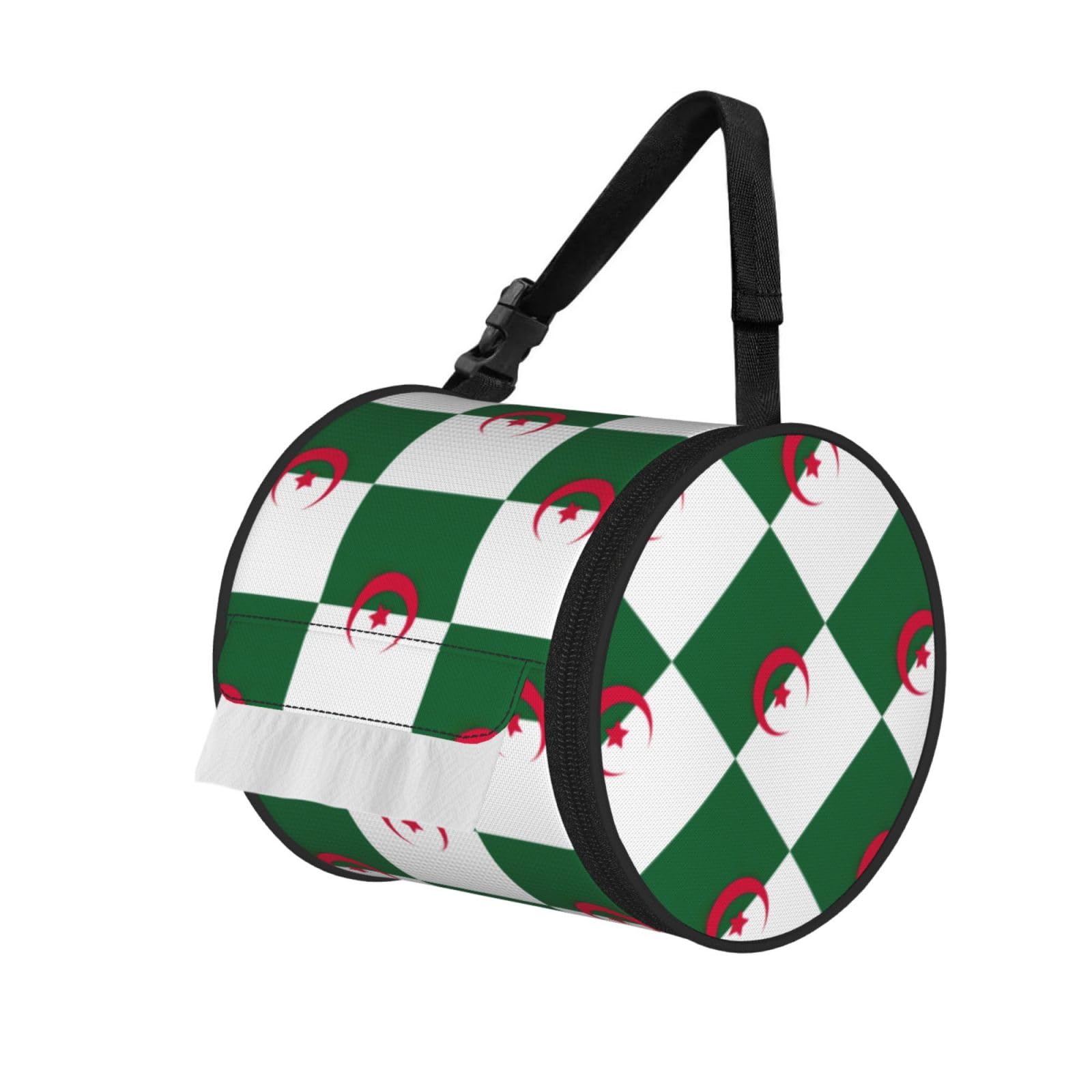 Flag Of Algeria Print Round Paper Tissue Holder With Shoulder Strap, Portable Roll Case For Caravan Travel Use