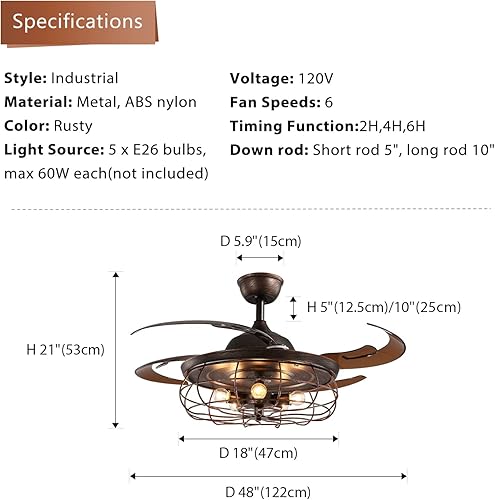 Miniatura 4 de CROSSIO Ventilador de techo retráctil de 48 pulgadas con luces, lámpara industrial oxidada inversa con control remoto para sala de estar, comedor y