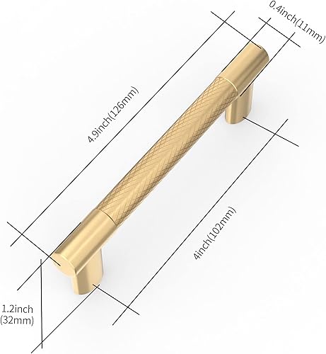 Miniatura 6 de Paquete de 10 manijas de gabinete de latón cepillado moleteado de 4 pulgadas (4.016 in), tiradores dorados de gabinete de cocina, manijas de