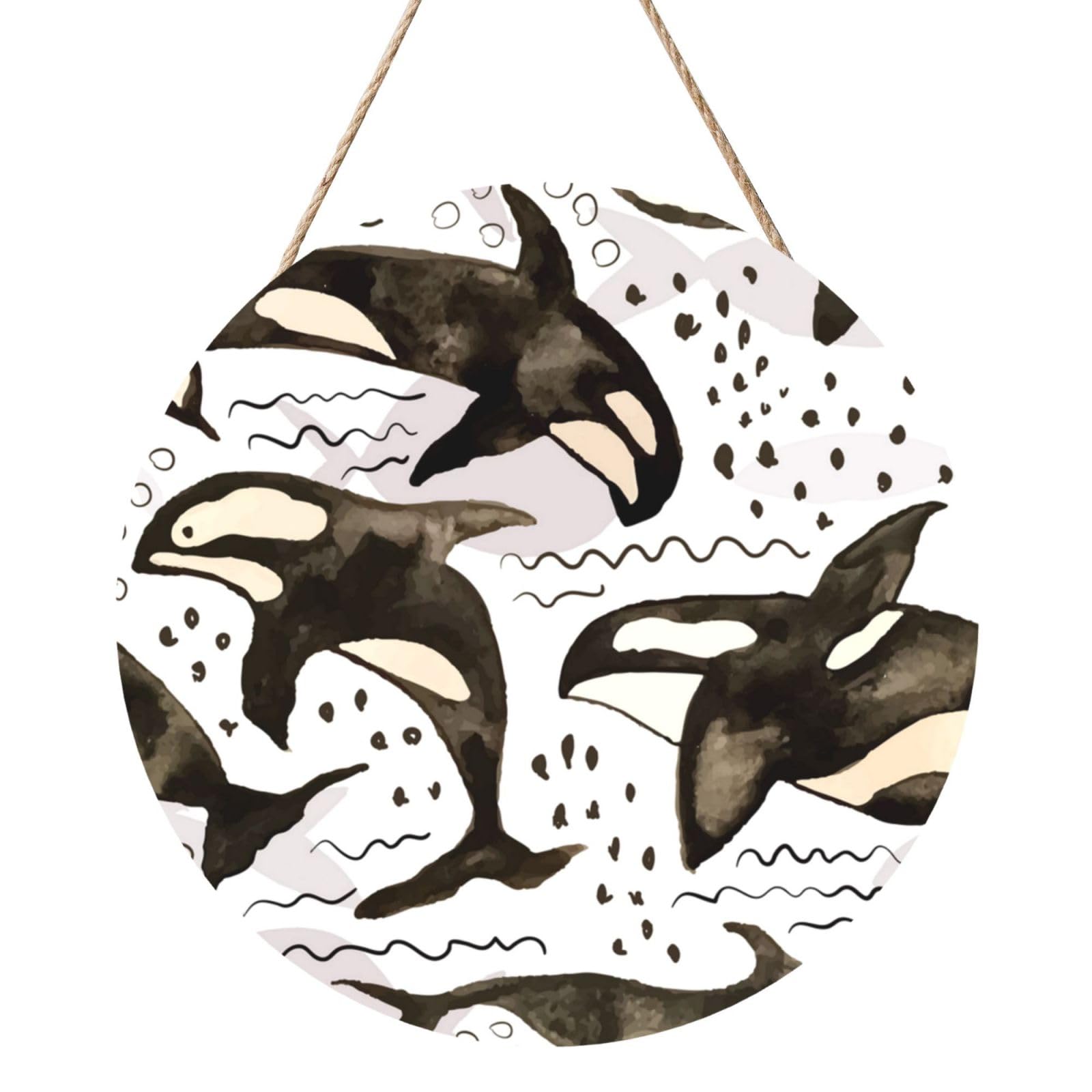 InOmak Watercolor Orcas, Round Wood Panel Painting 12 in, Wall Hanging Painting For Home