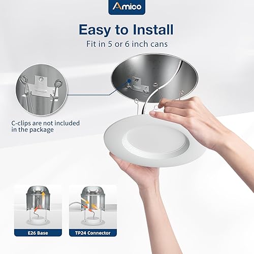 Miniatura 2 de Amico 56 inch 5CCT LED Recessed Lighting 16 Pack, Baffle Trim, Dimmable, IC & Damp Rated, 12.5W100W, 950LM Can Lights, 2700K3000K4000K5000K6000K