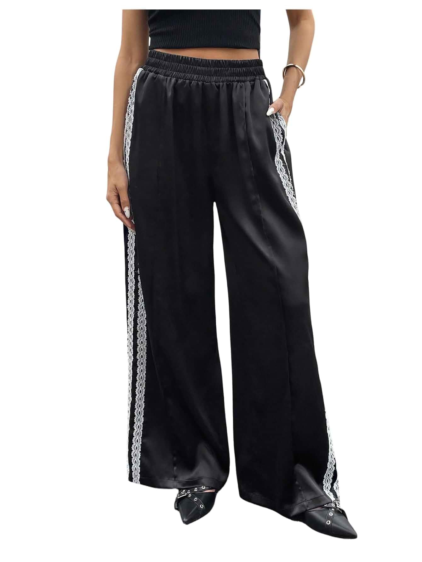 WDIRARA Women's Satin Contrast Lace PantsElastic Waist Baggy Pants Wide Leg Pants with Pockets