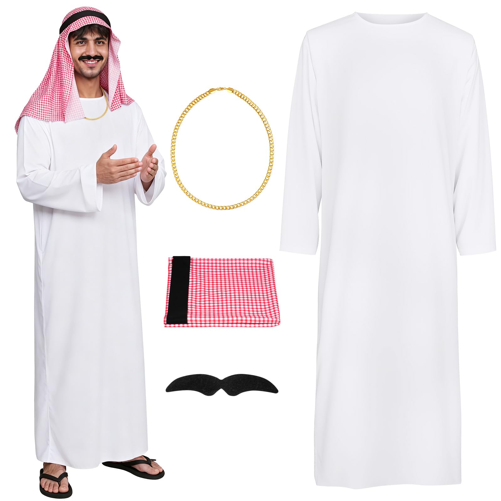 BSBUY Arab Sheik Costume Men White Sheik Robe Arabischen Gebetskleidung Middle Eastern Clothes Outfit(4PCS)