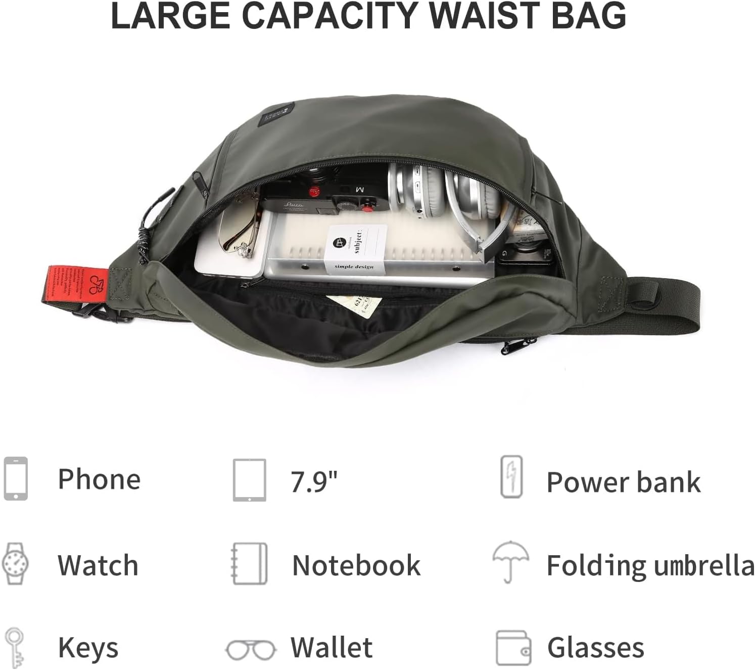 Large Crossbody Fanny Pack for Women Men,Water Resistant Waist Bag Pack with Adjustable Strap & 5-Zipper Pockets,Green - Image 4