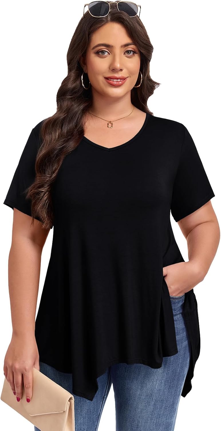 LARACE Plus Size Tops for Womens Summer Clothes Short Sleeve Shirts Casual V Neck Tunic Asymmetrical Blouses - Image 2