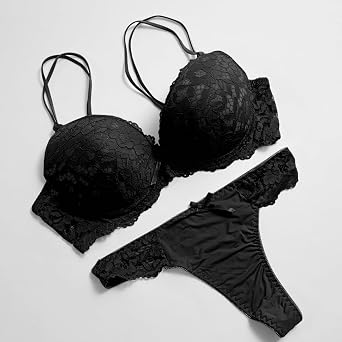 Women's Sexy Lace Lingerie Underwire Push Up Lifting Double Shoulder Strap Bra and Thongs Panty Two Piece Set