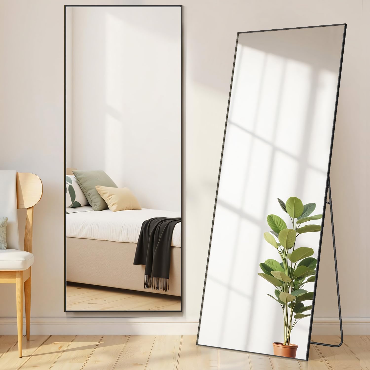 Mirror Full Length, Upgraded 21"x64" Body Wall Mirrors with Shatter-Proof Glass, Floor Standing, Hanging or Leaning, Tall Mirror with Stand Aluminum Alloy Frame for Bedroom, Black