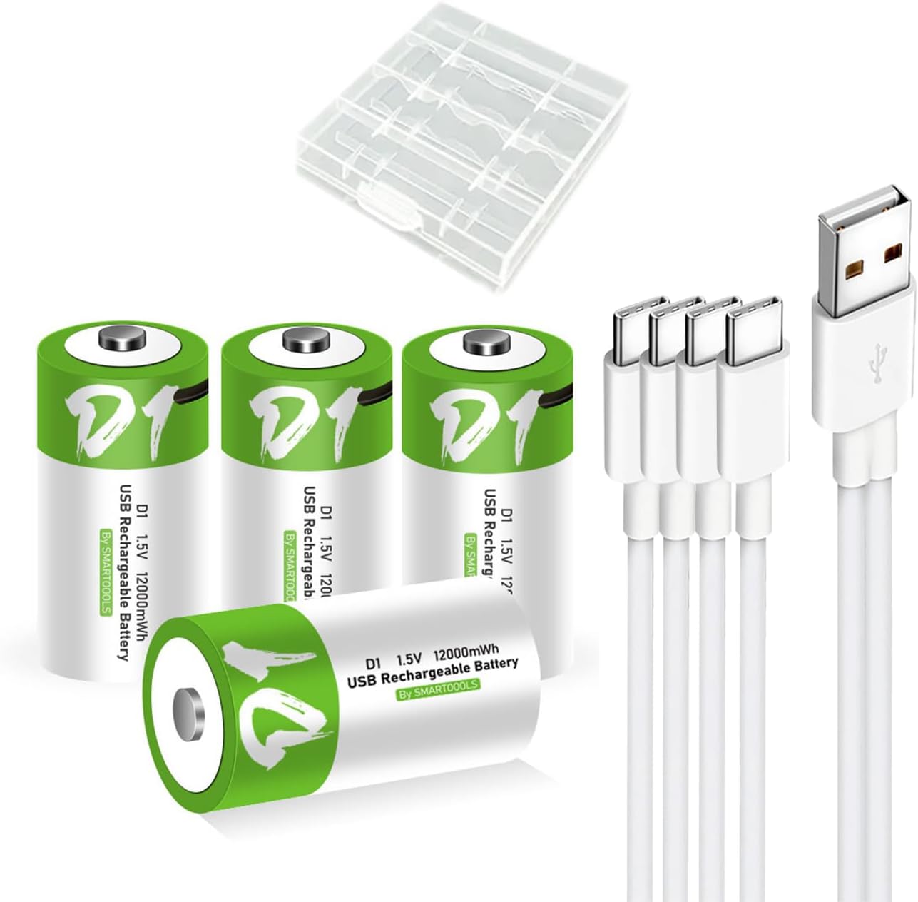 USB Rechargeable Lithium D Batteries with 4 in 1 USB-C Charging Cable,High Capacity 1.5V D Size Cell Battery 12000mWh 1200 Cycle for Flashlight Toys & floodlight (4 Pack)