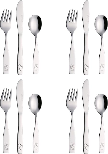 Exzact Children's Cutlery Stainless Steel 12pcs Set/Kids Cutlery/Toddler Utensils/Flatware - 4 x Forks, 4 x Safe Dinner Knives, 4 x Dinner Spoons - Engraved Dog Cat Bunny Design
