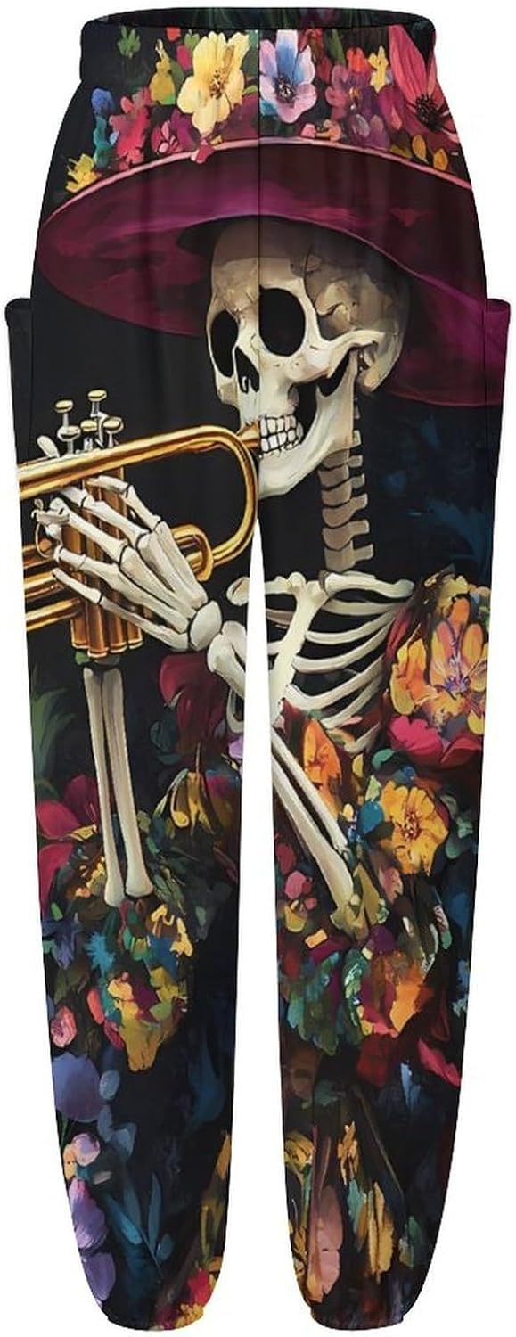 Halloween Gothic Skull Plays Trumpet Womens Pants Soft Yoga Sports Harem Pant Leggings with Pockets