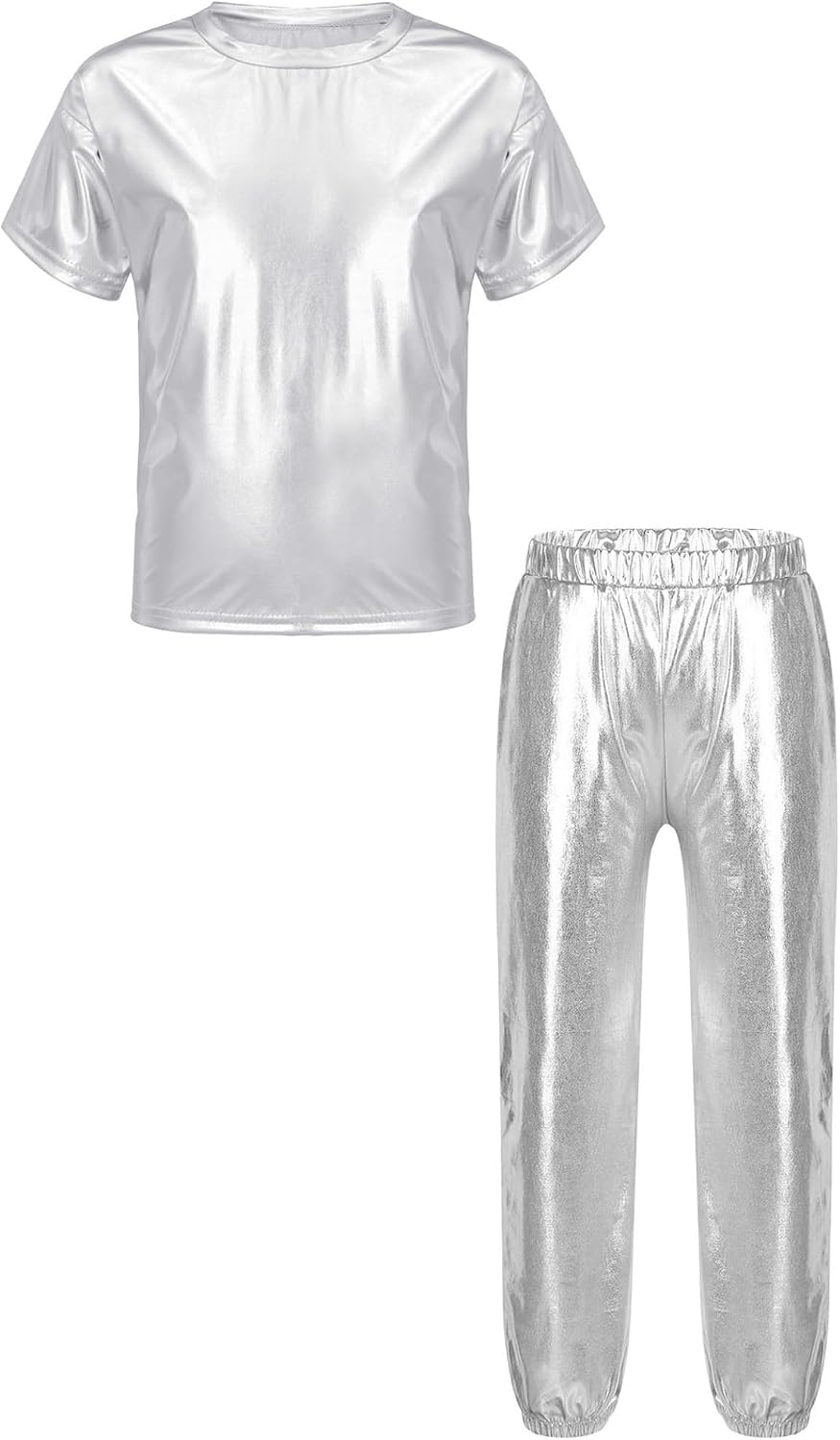 Kids Girls Boys 2 Piece Hip Hop Dance Clothes Shiny Metallic Short Sleeve Tshirts with Harem Trousers Set