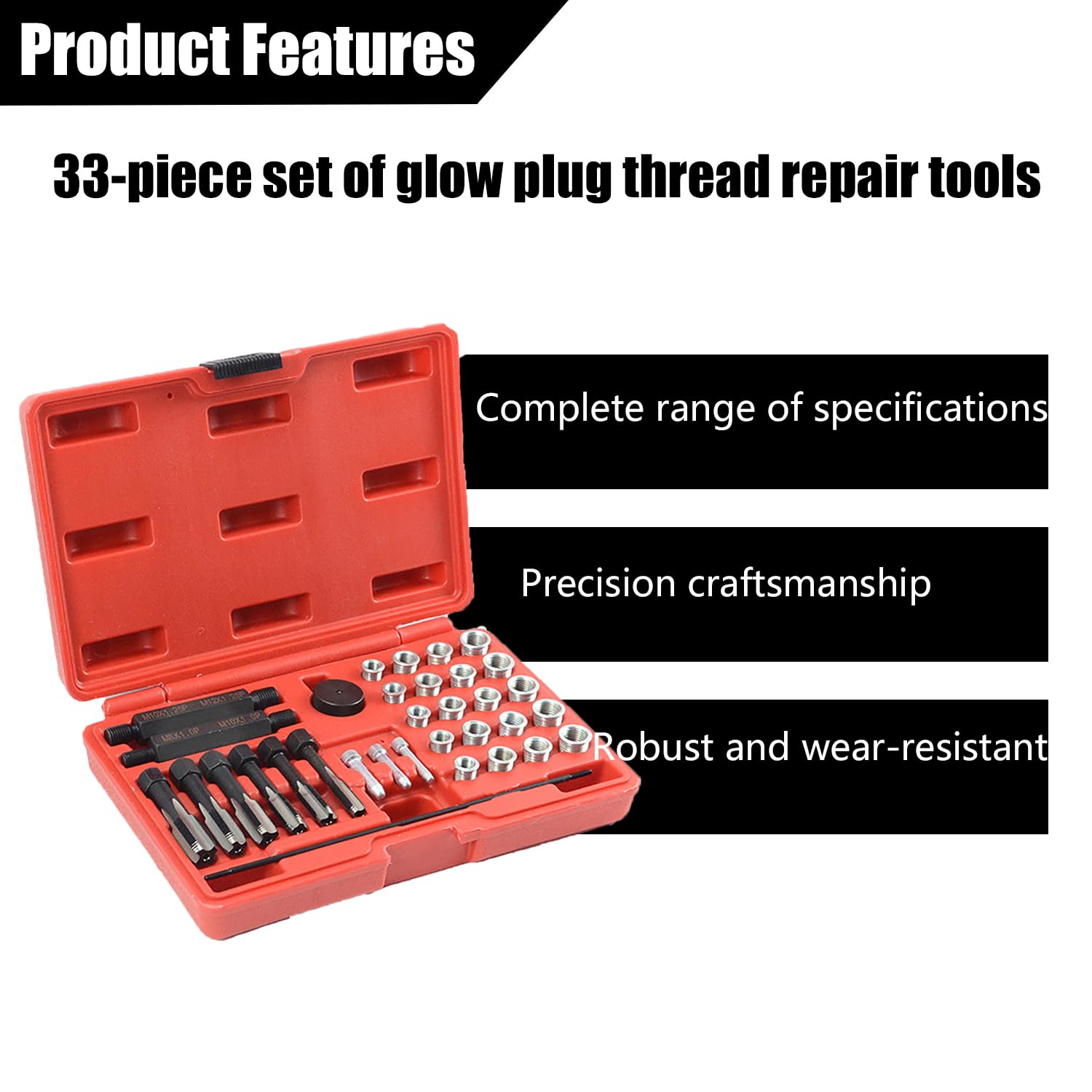 33 Pezzi Set di Riparazione Filettature,Kit di Ripristino Filettatura Metrica Testa Cilindro,per Auto M8 M10 M12 M14 Set di Utensili per Manicotti