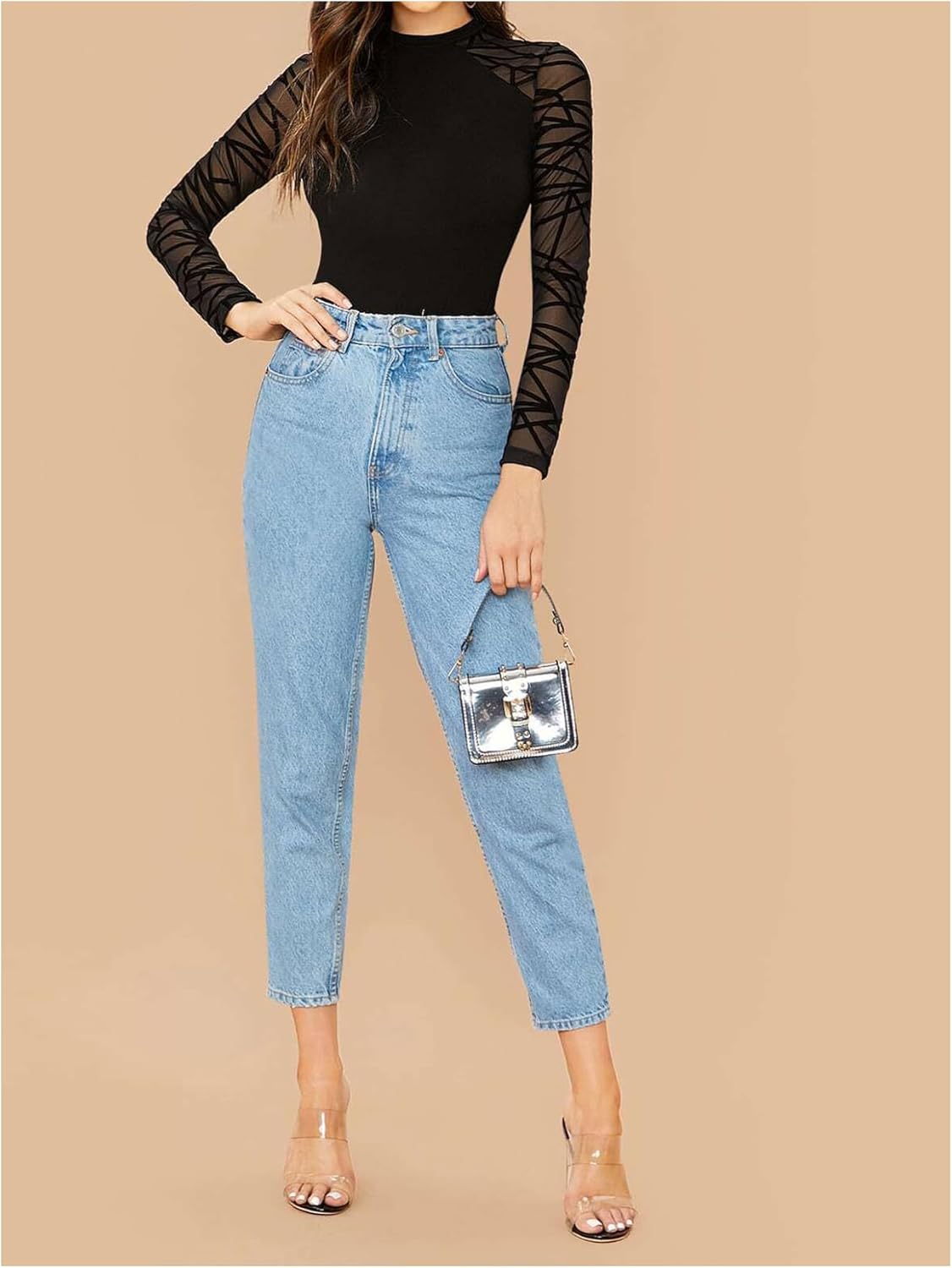 WDIRARA Women's Sheer Mesh Long Sleeve Bodysuit Mock Neck Leotard Tops - Image 5