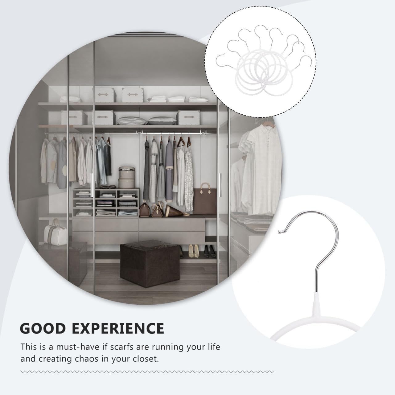 8Pcs White Large Iron Scarf Hangers Tie Holder Rings Non-Slip Plastic Coated Closet Organizer for Neckties and Shawls Storage