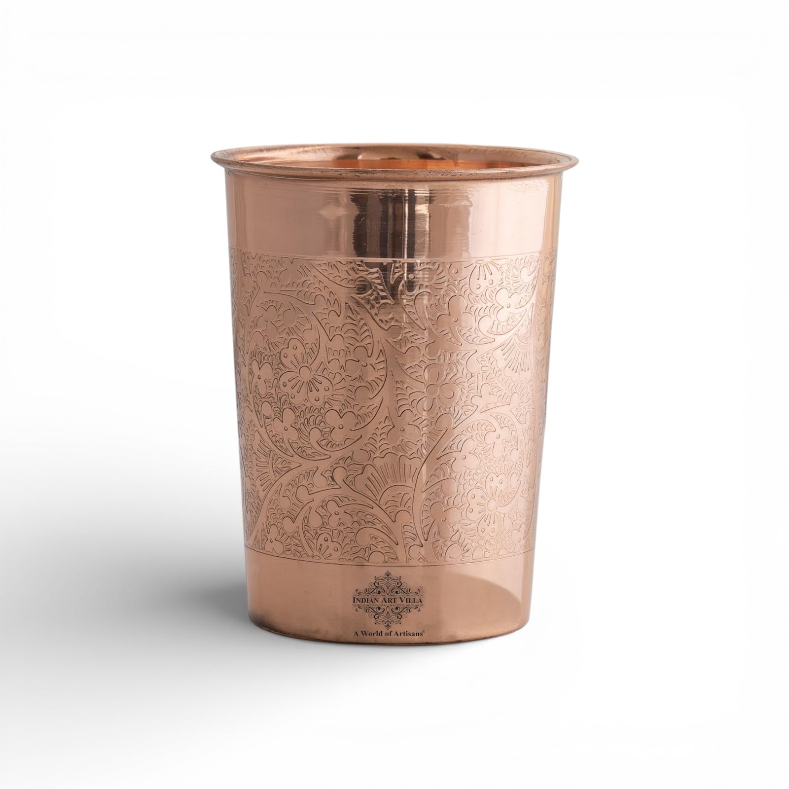 INDIAN ART VILLA Pure Copper Plain Glass with Embossed Design, Drinking Serving Water, Yoga Ayurveda, Volume-300 ml