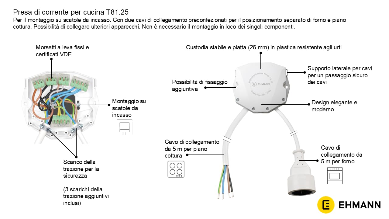 EHMANN Scatola di derivazione per cucine con cavi di collegamento 5m per piano cottura e 5m per forno, morsetti a leva certificati VDE per il collegamento di ulteriori apparecchi, 8166x0205