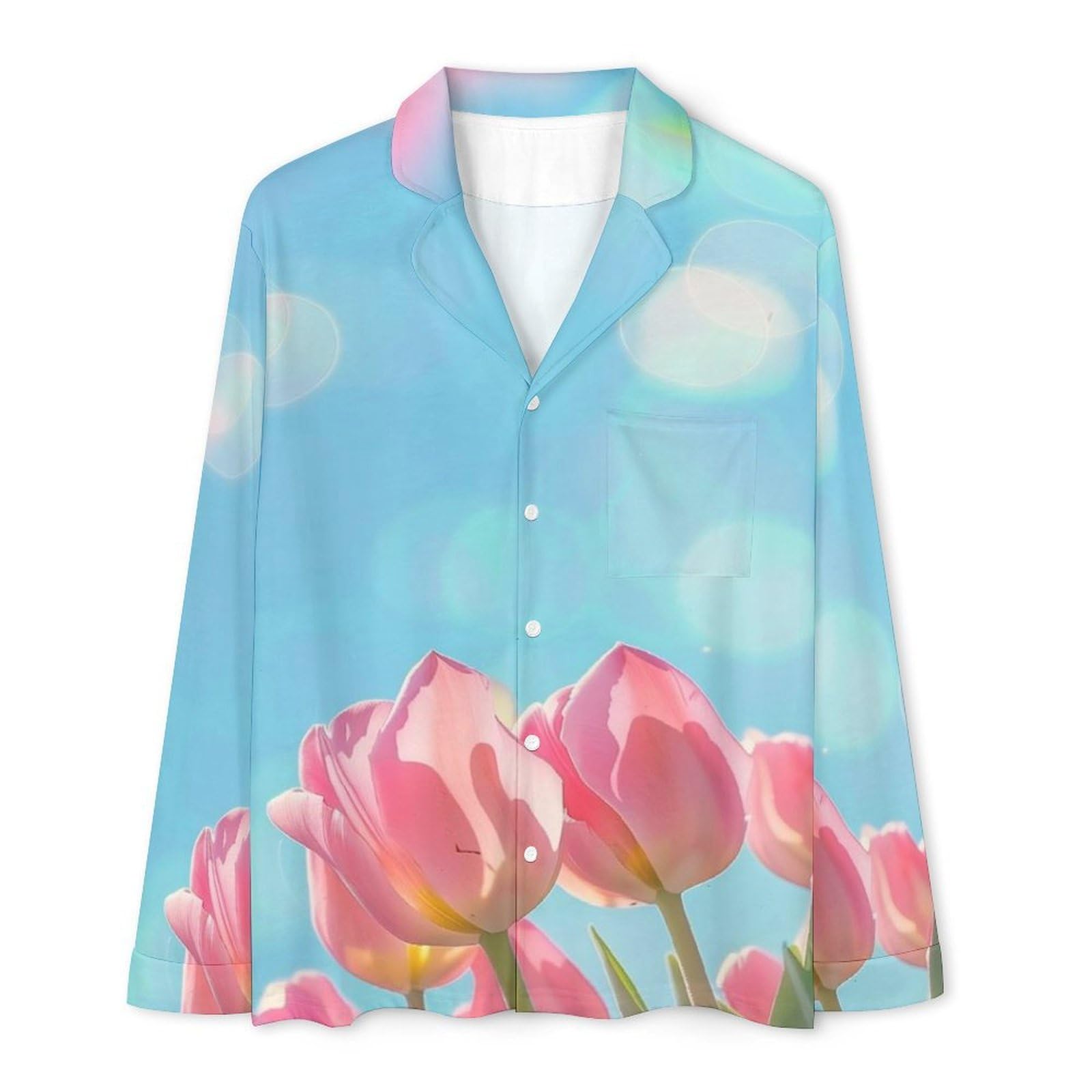 Pigiama da Uomo in Campi di Tulipani Rosa, Due Pezzi Set Completo con Camicia a Maniche Lunghe Bottoni e Pantaloni con Tasche Abbigliamento Casa Blu