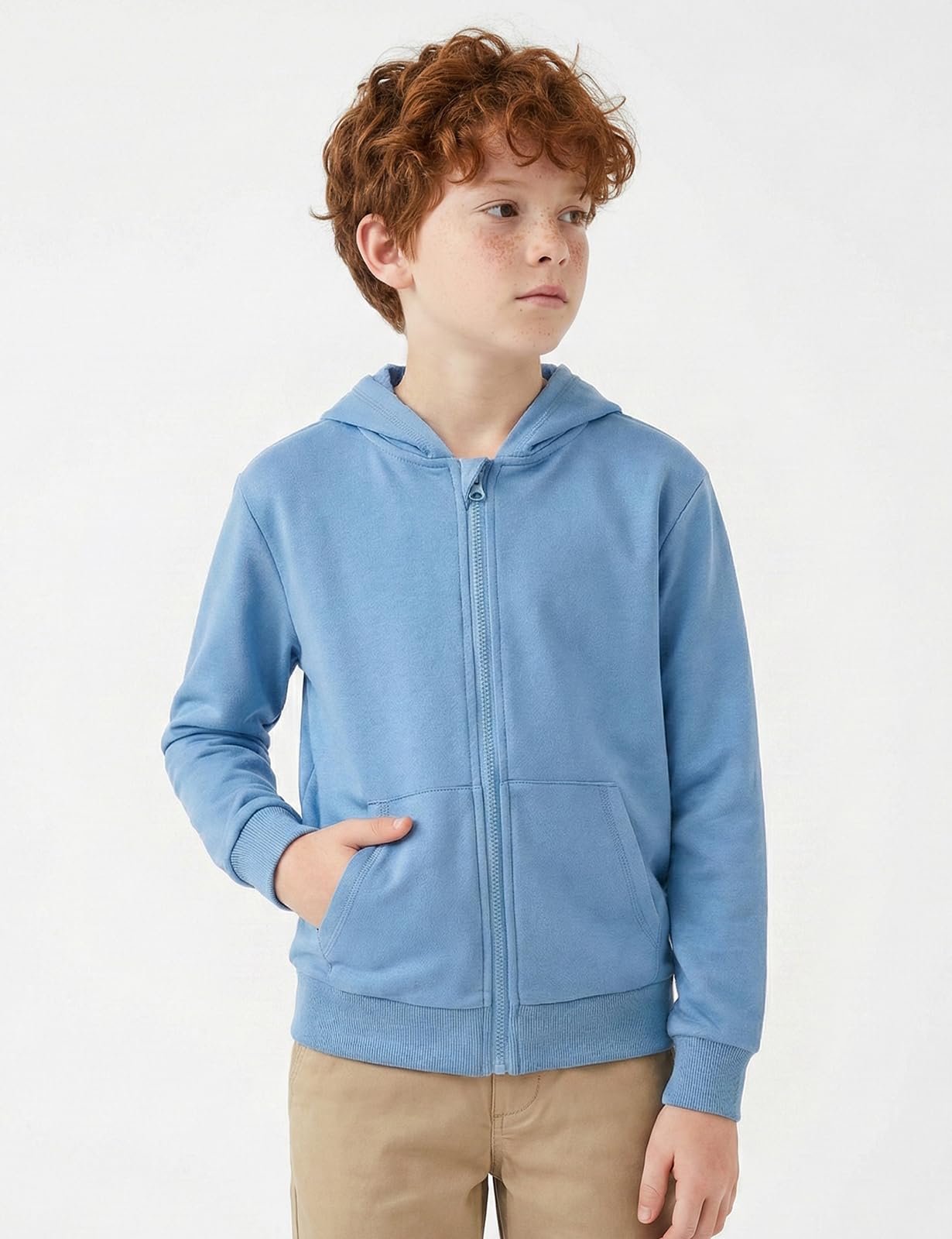Spring&Gege Felpa classica con cappuccio per ragazzi, tinta unita, morbida, con zip intera, per bambini (3-14 anni), Blu acido., 5-6 Anni