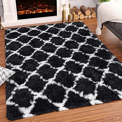 ROHATIM Alfombra Salón Grandes Pelo Largo Lavable Antideslizante Rejilla Negra Cover