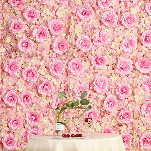 Enova Home 12 Pack 33 Sq ft. Artificial Faux Foliage Wall Mat Panel Hydrangea and Rose Flower Backdrop Wedding Party Event Decoration (Pink)
