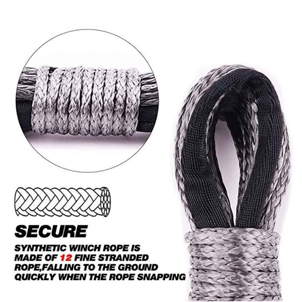 Corde de treuil en nylon Câble de remorquage de 15 m avec résistance à la rupture de 7 700 lb Ligne de traction synthétique à 12 brins compatible avec les véhicules tout-terrain