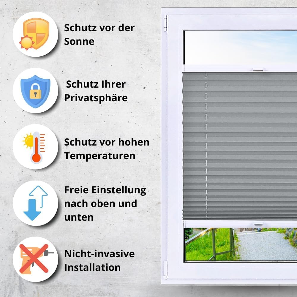 Plissee nach Maß ohne Bohren Breite 120-160 cm Höhe 120-219 cm Plisseerollo mit Klemmträger 31 Farben & 9 Profilfarben 6 Stofftypen für Sichtschutz Thermo &Verdunklung