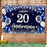 Happy 20th Anniversary Backdrop Banner Decor Navy Blue – Silver Glitter Happy 20 Years Wedding Anniversary Party Theme Decorations for Women Men Supplies