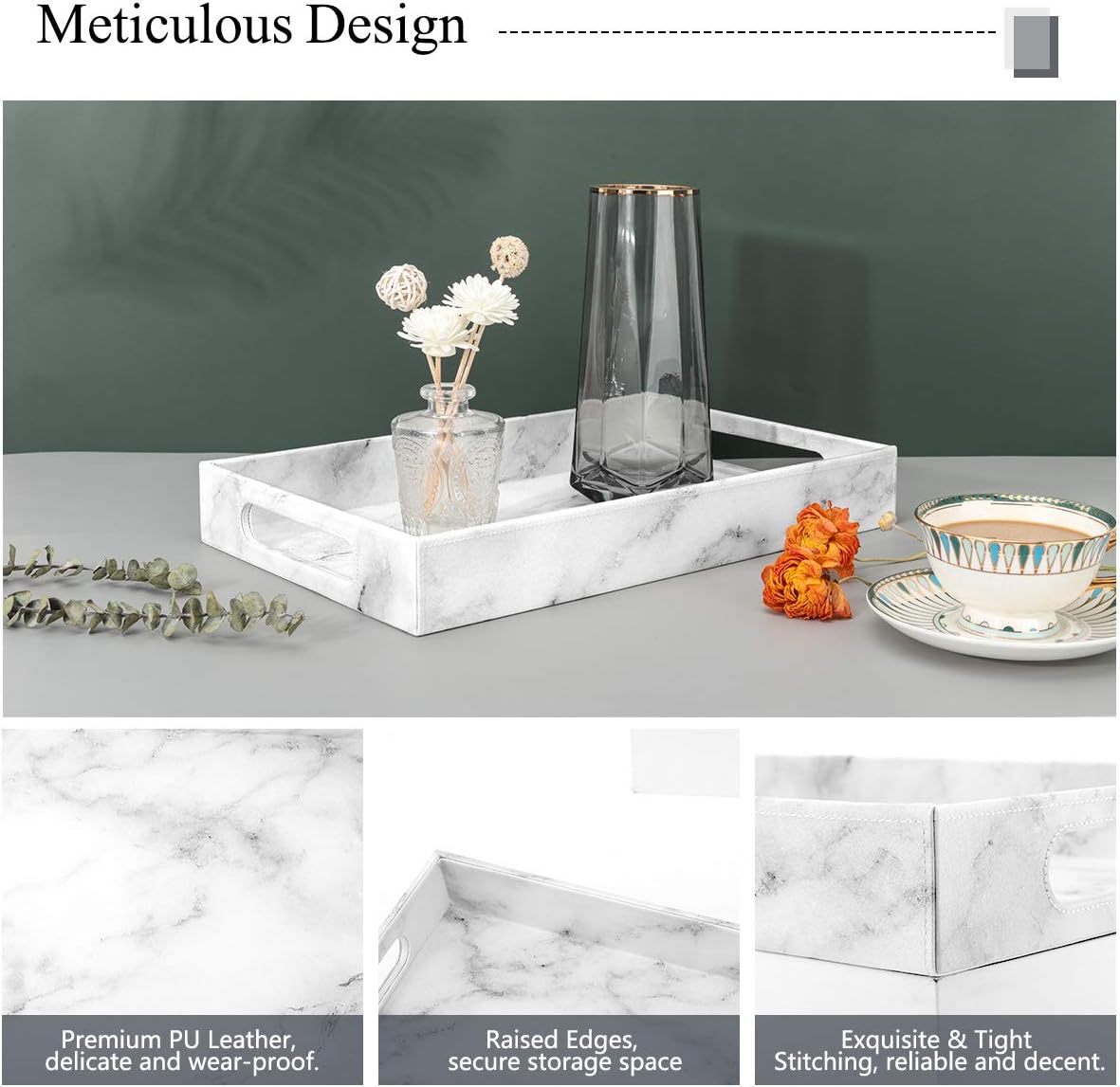 MoKo Vanity Tray, 38x24x5 cm Large Capacity PU Leather Valet Tray Tablet-Top Storage Organizer Catchall Serving Tray with Handles for Living Room Bedroom Entryway Dining-Table Countertop, White Marble: Home & Kitchen