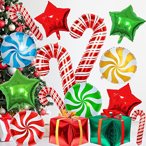 28 Pcs Christmas Foil Balloons Candy Cane Balloons Christmas Mylar Balloons Present Balloons With Ribbons Christmas Decorations For Party #TOP6