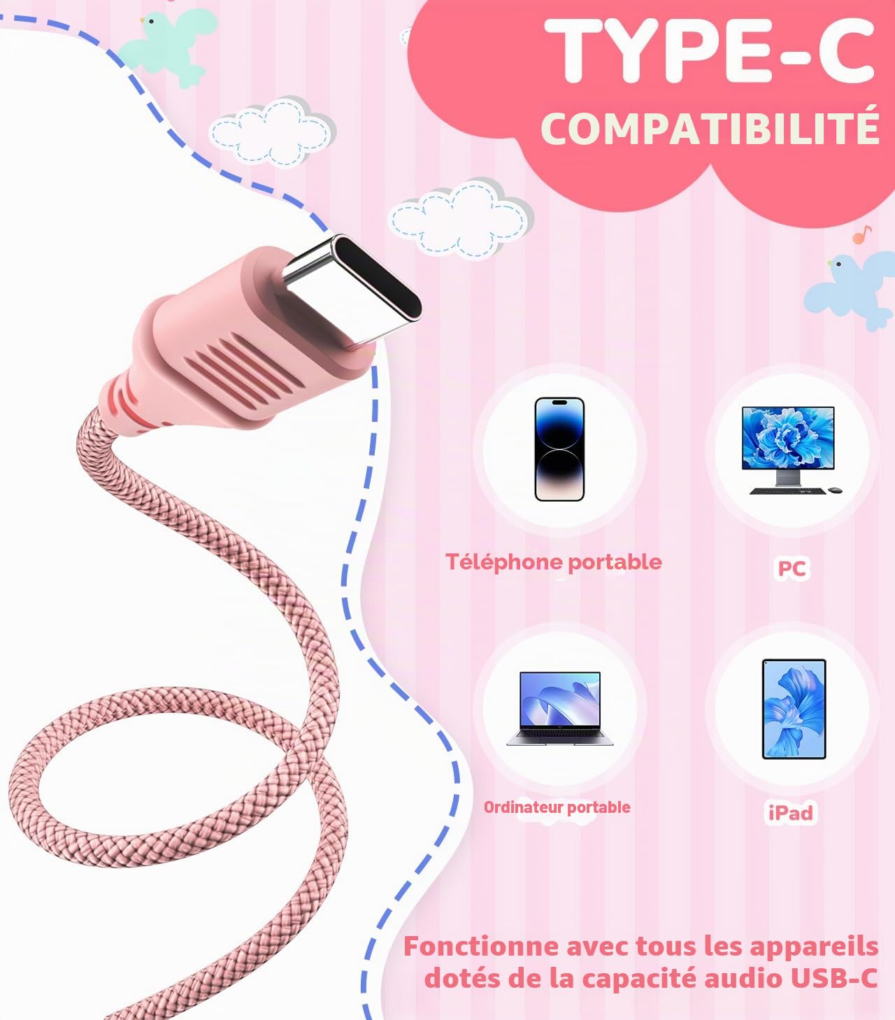 Casque filaire USB de type C pour enfants avec microphone pour garçons et filles, volume limité de 85 dB/94 dB réglable (rose)