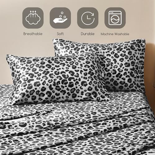Image of MR&HM Satin Sheets with Elastic Corner Straps, Queen Size Sheets Set, 4 Pcs Silky Bedding Set with 15 Inches Deep Pocket for Mattress (Queen, White Leopard)