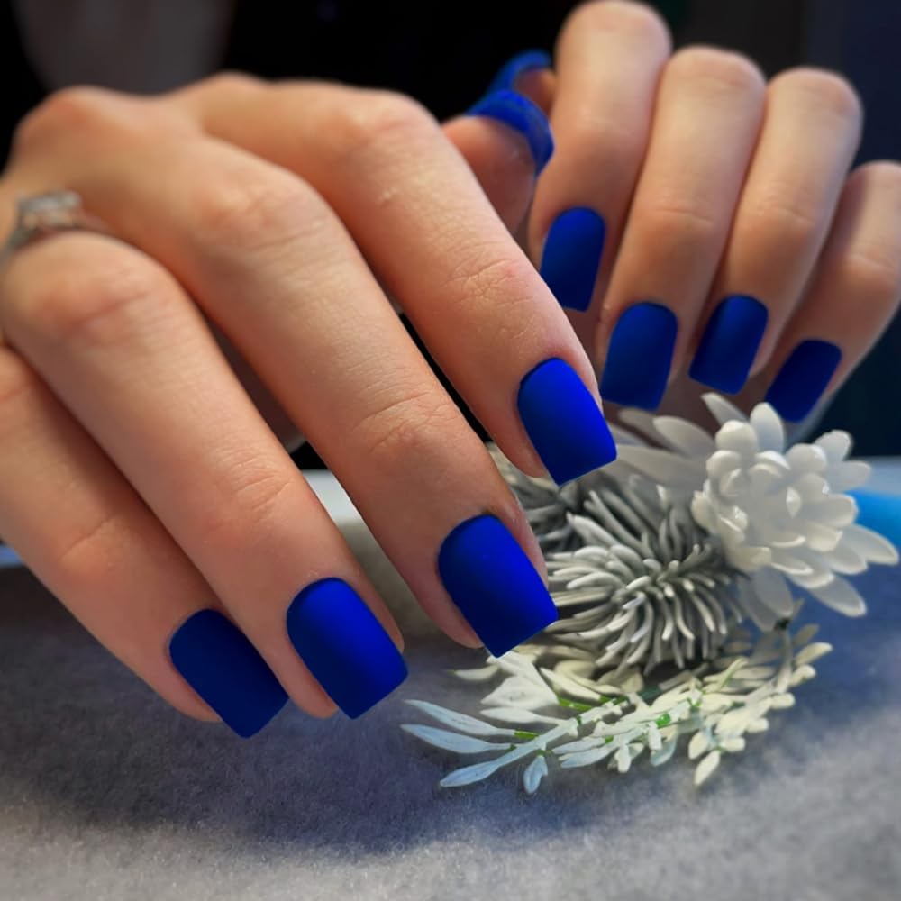 KQueenest Matte Royal Blue Press on Nails Short Square, Short False Nails Coffin, Velvet Solid Burgundy Small Fake Nails Set - Image 4
